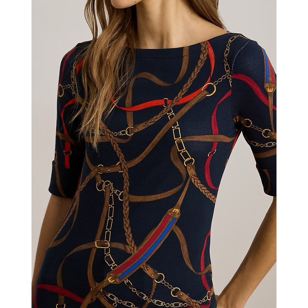 NWT Lauren Ralph Lauren Equestrian Horsebit Chain Belt Print Top Navy XS Stretch